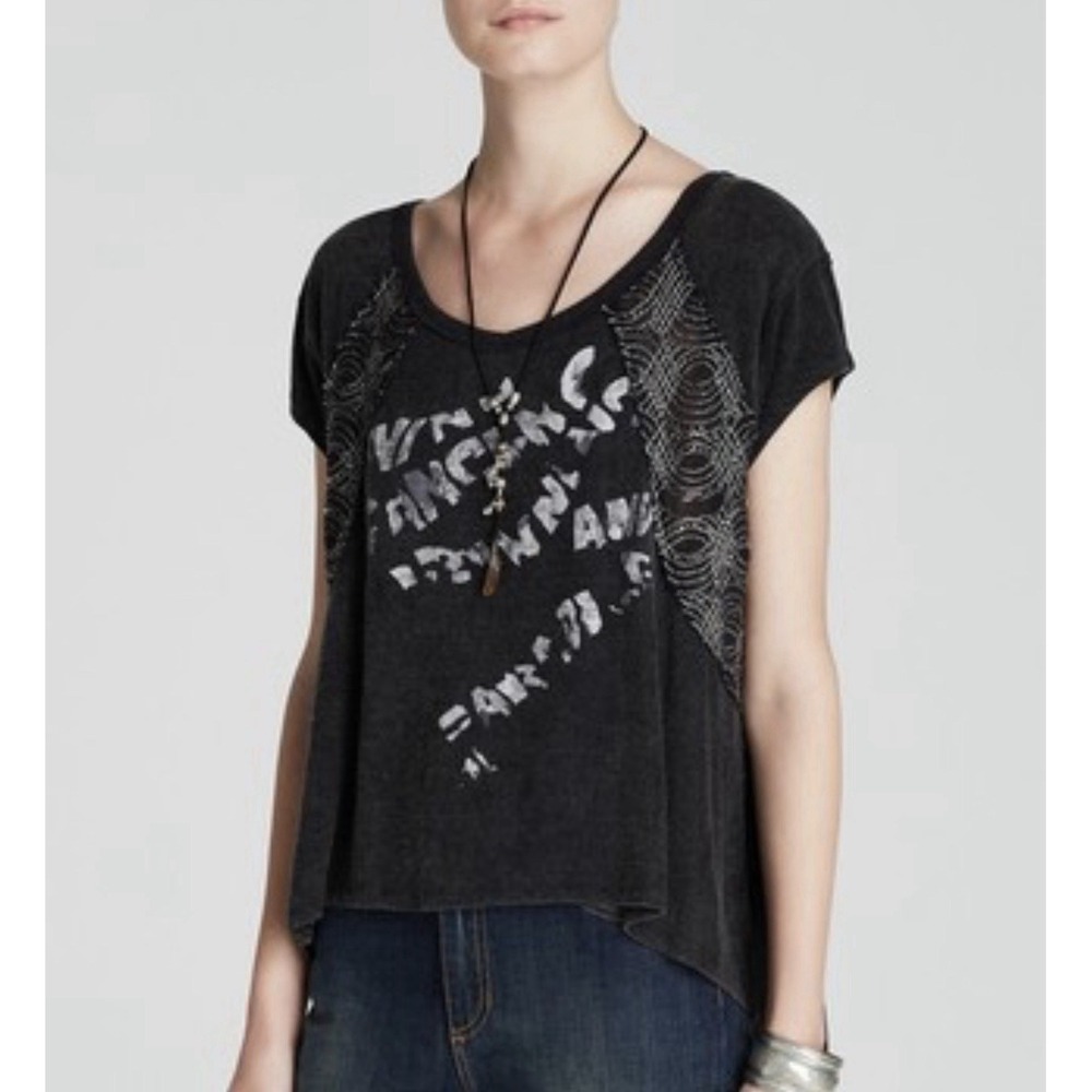 FREE PEOPLE We The Free Graphic Embroidered Mesh Embellished Tee Sz S